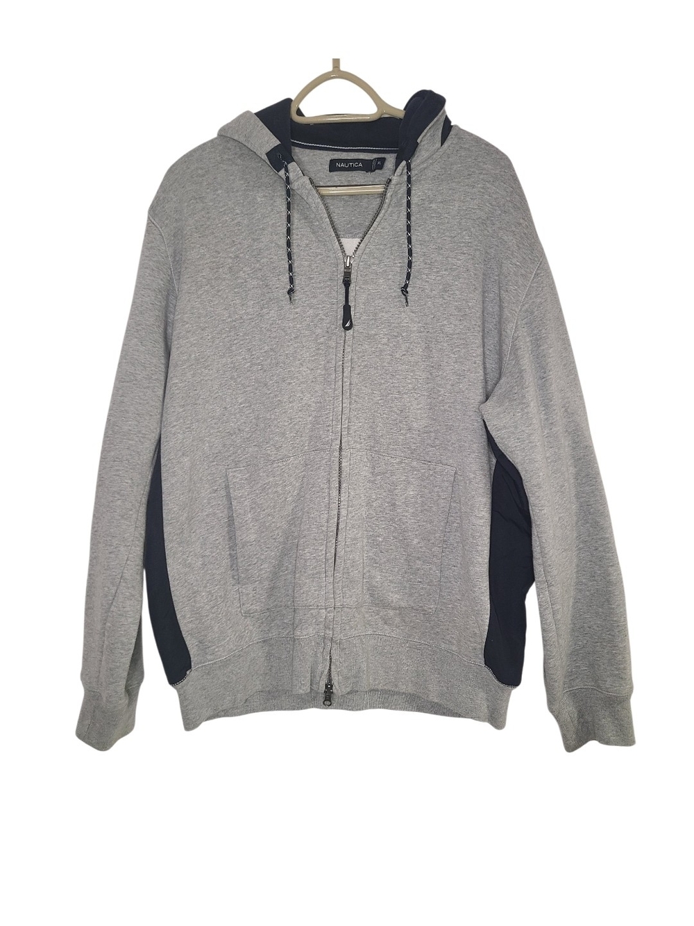 Nautica Men XL Gray Full Zip Hoodie Sweatshirt Navy Blue Accents Fleece Lined